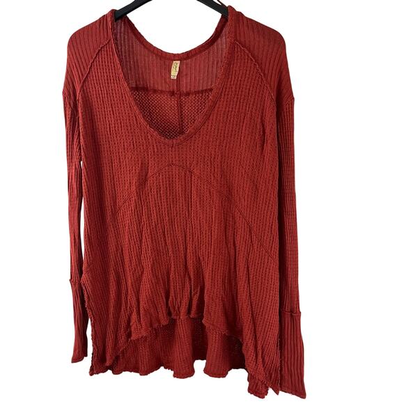 Free People Burnt Orange Rust Waffle Knit Thermal Oversized Top Small Shirt - Picture 1 of 6